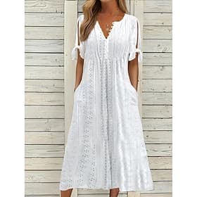 Women's Midi Dress Boho Dress A Line Dress Summer Dress Pleated Dress Elegant Fashion Modern Casual Daily Outdoor Loose Fit Plain Short Sleeve V Neck Blue Whit