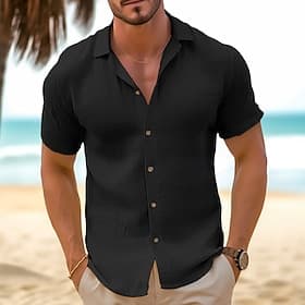 Men's Shirt Summer Shirt Beach Wear Button Up Shirt Black White Pink Blue Khaki Short Sleeve Plain Lapel Vacation Casual Clothing Apparel Cotton And Linen Fash