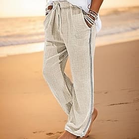 Herren Leinenhosen Hose Strandhose Kordelzug Patchwork Elastischer Bund Karomuster Komfort Atmungsaktiv Lässig Täglich Ferien Mode Klassicher Stil Weiß Armeegr