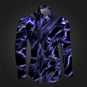 Men's Geometric Pattern Graffiti Button Up Shirt Printed Shirts Long Sleeve Subcultural Vacation Party Street Spring Summer Turndown Print Button-Down Blue Sk