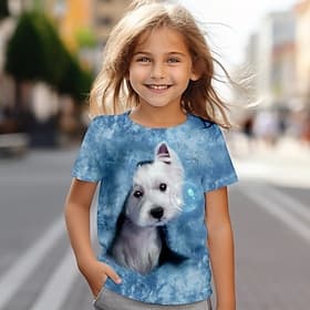 Mädchen T-Shirt mit 3D-Hund, rosa, kurzärmlig, 3D-Druck, Sommer, aktiv, modisch, süß, Polyester, Kinder, 4–12 Jahre, Rundhalsausschnitt, Outdoor, lässig, tägli
