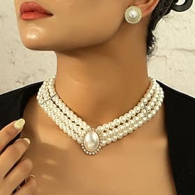 Women's Pearl Necklace Earring Set Elegant Double Strand Wedding Bridal White Crystal Accent Formal Jewelry Accessory One Size