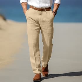 Herren Leinenhosen Hose Anzughose Sommerhose Strandhose Fronttasche Gerader Schnitt Einfach Komfort Atmungsaktiv Geschäft Formell Ferien Mode Basic Blau Schwar