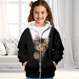 Girls' 3D Cat Hoodie Coat Outerwear Pink Long Sleeve Fall Winter Active Cute Streetwear Kids 3-12 Years Zip Street Daily Regular Fit