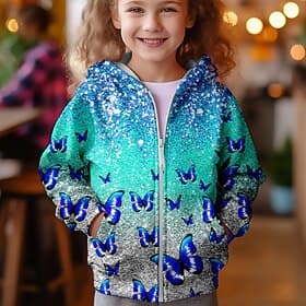 Mädchen 3D Schmetterling Kapuzenshirt Mantel Oberbekleidung Rosa Langarm Herbst Winter Aktiv Kuschelig Strassenmode kinderkleidung 3-12 Jahre Reissverschluss S