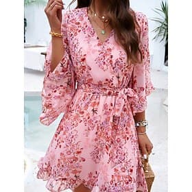 robe décontractée pour femme, imprimé floral à lacets, col en V, mini robe bohème, vacances, manches 3/4, été