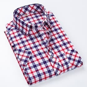Men's Dress Shirt Plaid Shirt Collared Shirt Button Up Shirt Plaid / Check Wedding Casual Blue White Red Orange Short Sleeve Turndown Summer Spring Clothing Ap