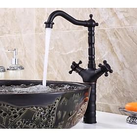 Traditional Brass Bathroom Sink Faucet,Black Oil-rubbed Bronze Deck Mounted Two Handles One Hole Bath Taps with Zinc Alloy Handle,Hot and Cold Switch and Ceram