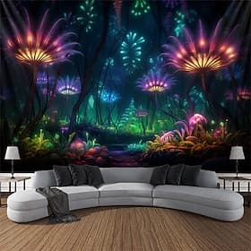 Schwarzlicht Wandteppich UV reaktiv im Dunkeln leuchtende Party gruselige Blumen trippige neblige Naturlandschaft hängender Wandteppich Wandbild für Wohnzimmer