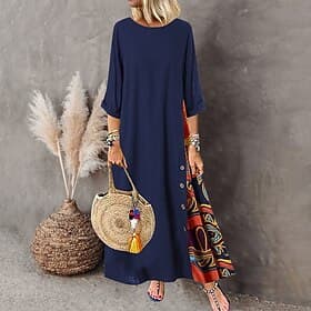 Damen Gelb Rote Marineblau Sommer Frühling Herbst Maxikleid Boho-Kleid Freizeitkleid Baumwoll-Leinenkleid Bohemien Mode Lässig Täglich Outdoor Ausgehen Lässige