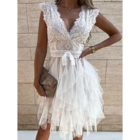Women's Mini Dress White Lace Wedding Dress Boho Chic Dresses Boho Wedding Guest Dress A Line Vacation Wedding Date Regular Fit Sleeveless V Neck White Summer