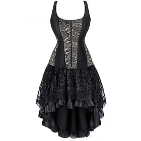 Retro Vintage Rokoko Punk Gothic Kurz Mini Kleid Überbrustkorsett Bustier Hexe Jacquard Spitze Schulterfrei Kostüm Damen Fantasie Steampunk Walpurgisnacht Hal