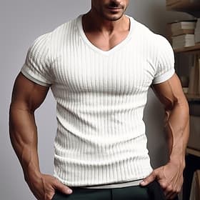 Herren T Shirt Muskelshirt Geripptes Strick-T-Shirt T-Shirt Kurze Ärmel V Ausschnitt Sommer Einfach Grubenstreifen Mode Designer Basic Klassisch Urlaub Straße
