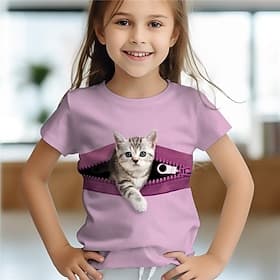 Fille 3D Chat Tee-shirts Chemises Rose Manche Courte 3D effet Eté Actif Mode Le style mignon Enfants 3-12 ans Col Ras du Cou Extérieur Casual du quotidien Stan