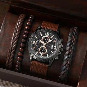 Herren 4-teiliges Set Quarzuhr Geschenk für Männer Analog Quarz Retro Stylischer Chronograph Legierungs Nylon Sportuhren