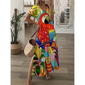 Women's Maxi Dress Casual Dress Sundress Shift Dress Streetwear Hawaiian Maxi Drop Shoulder Vacation Street Holiday Loose Fit Floral Animal Short Sleeve V Neck