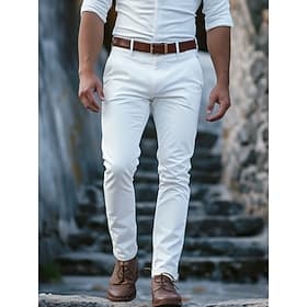 Men's Trousers Chinos Chino Pants Buttons Front Pocket Plain Comfort Business Daily Holiday Fashion Chic Modern Black White Micro-elastic