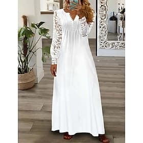 Women's Long Dress Maxi Dress Lace Dress White Dress White Lace Wedding Dress Streetwear Maxi Street Date Regular Fit Long Sleeve Round Neck White Summer Sprin