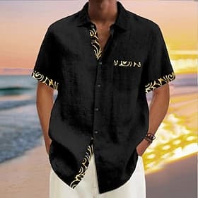 Homme Couleur Unie Chemise Boutonnée Chemises Imprimées Manche Courte Hawaïen Resort Extérieur Vacances Fête Été Col Rabattu Avec Poches Imprimé Boutonné Noir