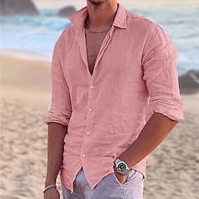 Men's Shirt Linen Shirt Summer Shirt Beach Wear Button Up Shirt Solid Color Outdoor Vacation Black White Pink Blue Long Sleeve Turndown Spring Summer Clothing