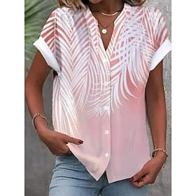 Womanshemd V-Ausschnitt Knopfdown Bluse Mode Streetwear Floral Knöpfe Druck Kurzarm Reguläre Tops Geteilte Ausschnitt Lässig Weiß Pink Himmelblau Sommer