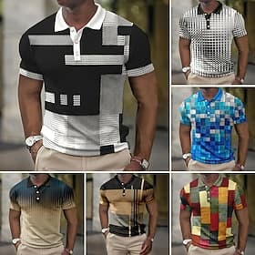 Men's Plaid Waffle Polo Shirts Golf Shirt Short Sleeve Polo Shirts Collared Shirts Vintage Casual Vacation Wear Formal Wear Festival Wear 3D Print Buttons Khak