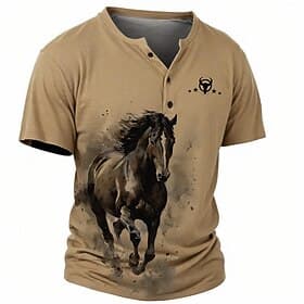Voor heren Grafisch Paard Geloof T-shirt Henley-shirt Korte mouw 3D-afdrukken Klassiek Casual Buitensporten Feestdagen Uitgaan Lente zomer blauw Khaki Grijs He