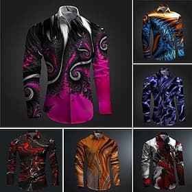 Men's Printed Shirts Long Sleeve Subcultural Vacation Party Street Spring Summer Turndown Print Button-Down Blue RedPink Red Navy Blue Purple