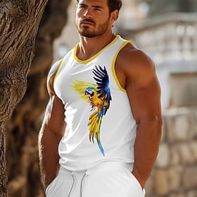 Men's Graphic Parrot Tank Top Vest Top Sleeveless T shirt Crew Neck Shirt Sports Fashion Daily Sports Outdoor Casual Gym Yellow Orange Summer Spring Clothing A