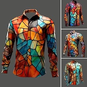 Men's Colorful Color Block Shirt Long Sleeve Artistic Abstract Daily Wear Going out Fall Winter Turndown Print Button-Down Blue Yellow Red Mint Green Orange
