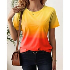 Damen T-Shirt Leger Ombre Rundhals Gelb Rot Farbverlauf Kurze Ärmel Weich Elastisch Alltag Sommer Basic Oberteile