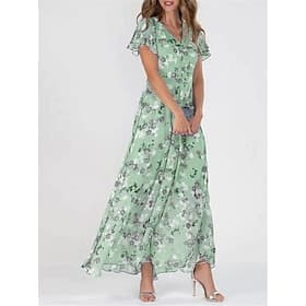 Women's Maxi Dress Floral Print V-Neck Flutter Sleeve Flowy Blue White Elegant Wedding Guest Garden Party Summer Spring Feminine Silhouette Lightweight Comfort