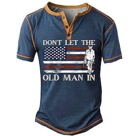 Men's Short Sleeve Henley Graphic T-Shirt - Don't Let The Old Man In American Flag Patriotic Design