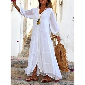 Women's Maxi long Dress Maxi Dress Linen-feel Dresses Shirt Dress Sundress Kaftan Dress Vacation Basic Modern Daily Weekend Loose Fit Plain 3/4 Length Sleeve V