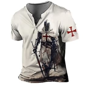 Homme Chevaliers Templiers T-shirt Chemise Henley Manche Courte Impression 3D Designer Rétro Vintage Occasionnel Quotidien Été Blanc 1 Blanc 2 Henley T-shirt H