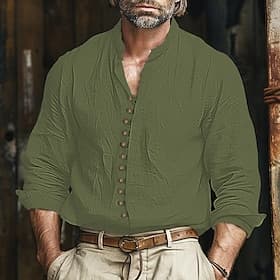 Herren Hemd leinenhemd Hemd mit Stehkragen Sommerhemd Strandbekleidung Lässiges Hemd Glatt Casual Täglich Schwarz Weiß Grün Langarm Ständer Frühling Sommer Bek