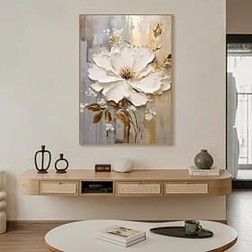 handgemaltes strukturiertes Ölgemälde mit goldenen Blumen, Wandkunst, abstraktes weißes Blumengemälde auf Leinwand, minimalistisches modernes Blumenölgemälde f