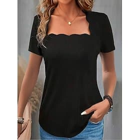 Women's Scalloped Neckline T-shirt Short Sleeve Solid Color Slim Fit Stretch Casual Fashion Top Black