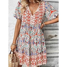 Women's Mini Dress Petite Dress Casual Dress Boho Chic Dresses Summer Dress Boho Dress Casual Boho Vacation Daily Beach Loose Fit Floral Short Sleeve V Neck Re
