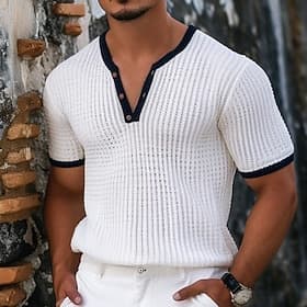Homme T-shirt Henley gaufré Tee-shirt Tricot Gaufre T-shirt Manche Courte Couleur Unie Mode Designer Confortable Boutons Tricoté Col en V Henley Occasionnel Qu