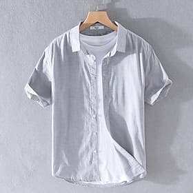 Men's Shirt Linen Shirt Casual Shirt Cotton Shirt Plain Vacation Street White Sky Blue Khaki Light Grey Short Sleeve Turndown Summer Clothing Apparel Button-Do