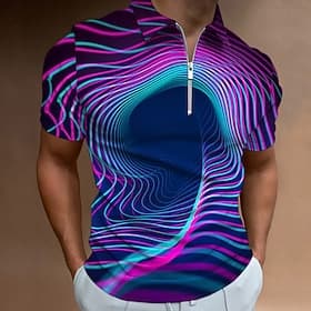 Men's Graphic Neon Zip Polo Shirts Golf Shirt Short Sleeve Polo Shirts Collared Shirts Casual Vacation Wear Rave Wear Party Outfits 3D Print Quarter Zip Polo S