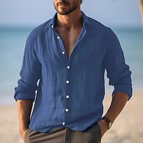 Men's Shirt Linen Shirt Summer Shirt Beach Wear Button Up Shirt Plain Vacation Curise Yellow Navy Blue Long Sleeve Turndown Spring Summer Clothing Apparel