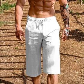 Men's Summer Shorts Beach Shorts Drawstring Pocket Elastic Waist Plain Comfort Breathable Knee Length Beach Vacation Holiday Hawaiian Boho Black Khaki