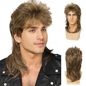 Perruques Mullet pour hommes Sallcks brunes bouclées années 70 80 costume rétro cosplay perruques disco rocker spectacle - Perruques d'Halloween châtain clair