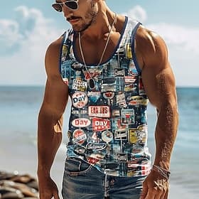 Men's Vehicle T Shirt Vest Top Sleeveless T shirt 3D Print Crew Neck Shirt Vacation Retro Vintage Daily Street Holiday Blue Red Khaki Summer Spring Clothing Ap