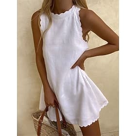 Women's Mini Dress Sundress White Dress Cotton Linen Dress Basic Casual Daily Vacation Date Regular Fit Plain Sleeveless Crew Neck Blue Black White Pink Summer