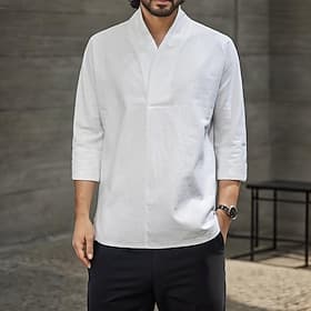 Per uomo Camicia Camicia in lino e cotone Camicia in cotone bianco Maglietta informale Liscio Hawaiano Per eventi Nero Bianco Giallo Blu marino Maniche a 3/4 A