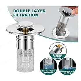 Crépine de vidange de lavabo de salle de bain, filtre de vidange de lavabo escamotable avec panier de filtre amovible en acier inoxydable, bouchon de vidange d