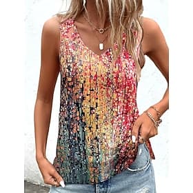 Débardeur femme à bretelles fines mosaïque impression vitrail sans manches col en V été décontracté plage multicolore rouge bleu vert coupe fluide ample vêteme